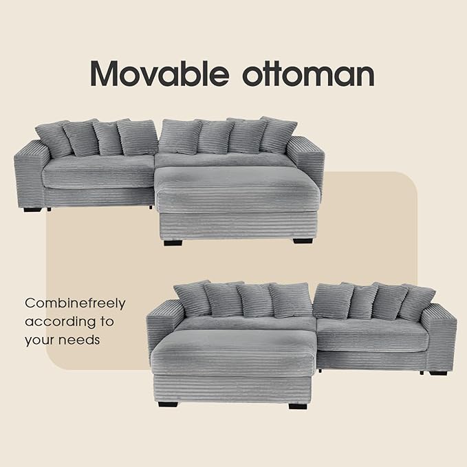 smilesun Luxe Oversized L Shaped Sofa with ChaiseComfy Faux Fur Plush L Shaped Sectional Couches with 8 PillowsSoft Fluffy Upholstered Sofa Bed for Living Room Apartment Bedroom (Grey)