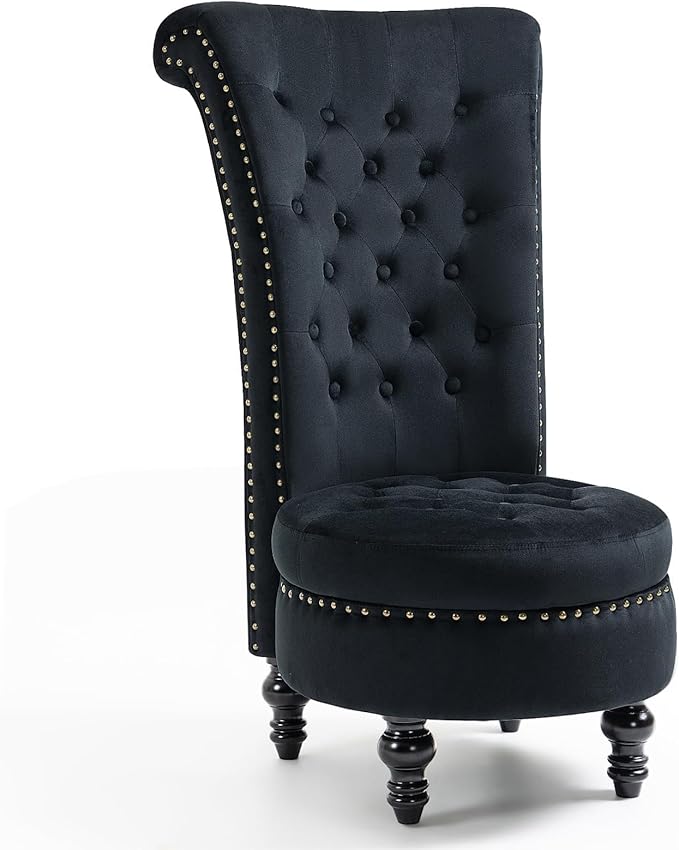 AVAWING High Back Throne Chair Velvet Armless Royal Accent Chair w/Storage Nailhead Trim &amp Rubberwood Legs for Living Room &amp Bedroom Black