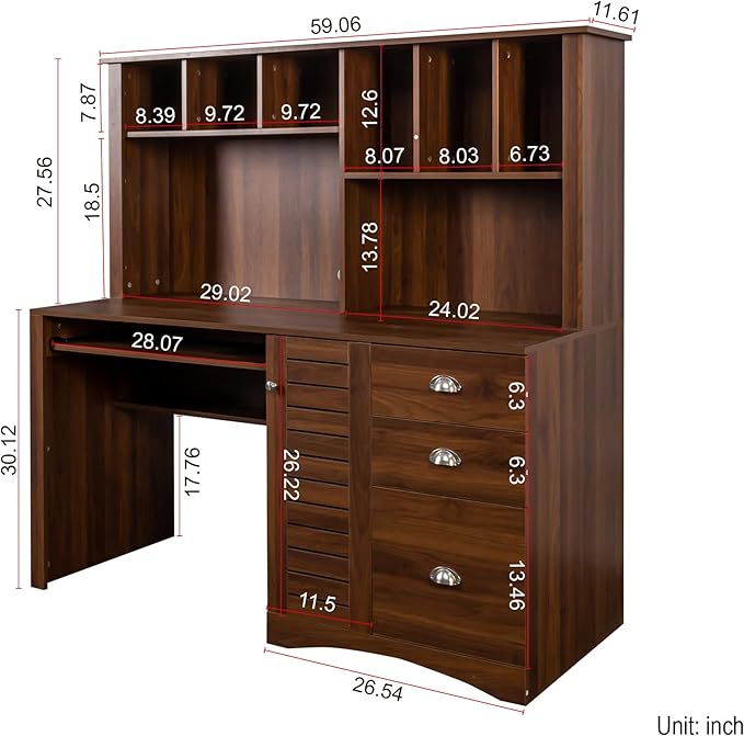 Computer Desk with Hutch and Drawers Gaming Home Office Desk with Storage Cabinet and Bookshelf Computer Workstations for Home Office Walnut (Style-01)