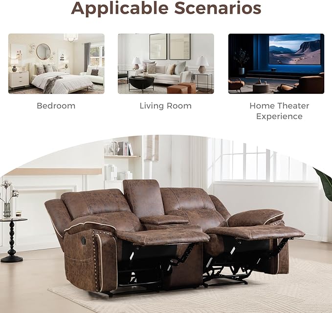 CANMOV Manual Recliner Chair Set Faux Leather Recliner Living Room Furniture Sets 2 Seater Reclining Sofa Chair with Hidden Storage and Cup Holders and Storage Pockets Brown