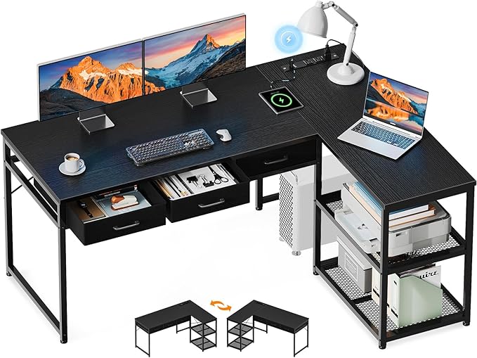 AODK 53 Inch L Shaped Computer Desk with Drawers Corner Desk with Power Outlets &amp Reversible Storage Shelves for Home Office Gaming Black