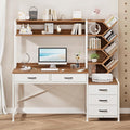 Reversible Computer Desk with Hutch Home Office Desk with 5 Drawers and Bookshelf 52'' Study Writing Desk with Storage Shelves for Bedroom Home Office Brown and White