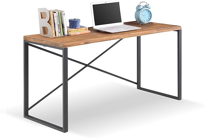 northbeam Concord Live Edge Solid Wooden Desk – Acacia Hardwood Desk with Industrial Steel Frame Spacious Workstation for Home Office Study with X-Brace Support Durable Writing Table