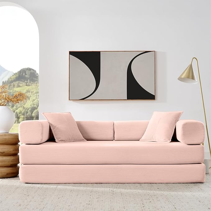4-in-1 Folding Convertible Floor Sofa Bed 78 Oversized Compression Sofa No Assembly Required King Futon Lazy Couch Corduroy Loveseat Sleeper with Pull Out Bed Modular Futon Couch (Pink)