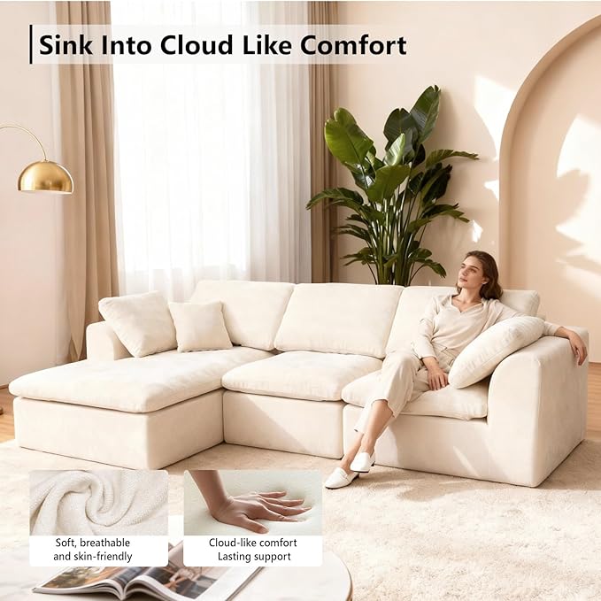 110 Convertibl L Shaped Sectional Couch for Living Room 3-Seater Modular Cloud Couch Sofa with High-Resilience Memory Foam No Assembly Required Warm White Left Facing Chaise