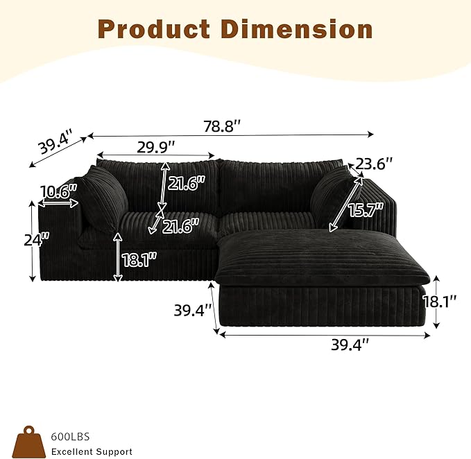 78.8 Corduroy Cloud Loveseat Sofa with Ottoman L Shaped Modular Sectional Couch with Removable Cushion No Assembly Required Deep Seat Boneless Couches for Living Room (Black &amp 1 Ottoman)