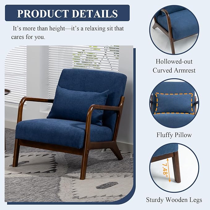 Minimalist Accent Chair Velvet Upholstered Mid-Century Modern Chair with Pillow Lounge Arm Chair with High Backrest Comfy Reading Chair for Living Room Balcony (Blue)