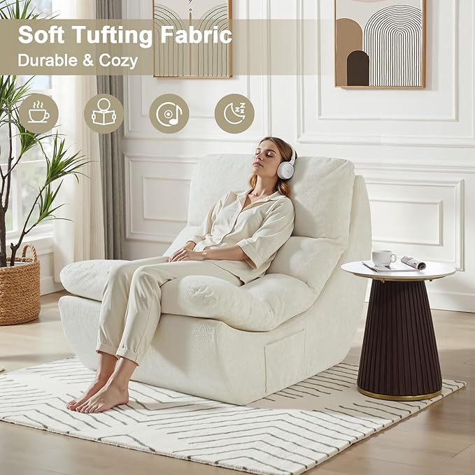 Comfy Reading Chair for Adults Modular Sectional Sofa Bean Bag Chair Cloud Boneless Couch Style with High Rebound Foam Single Seat Compressible Sofa for Living Room &amp Bedroom Beige