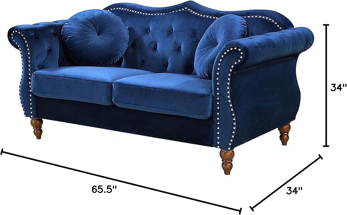 Anna1 Chesterfield Velvet Couches for Living Room Button Tufted Luxury Upholstery with Rolled Arms High-Density Foam Durable Wood Frame 65.5 Loveseat Blue Mist