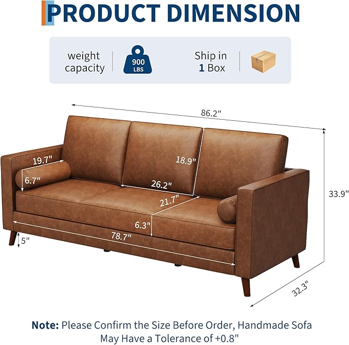 GAOMON 81 Leather Couch for Living Room Mid Century Modern 3-Seater Sofa with Deep Seat Faux Leather Sofa for Apartment Home Office Brown