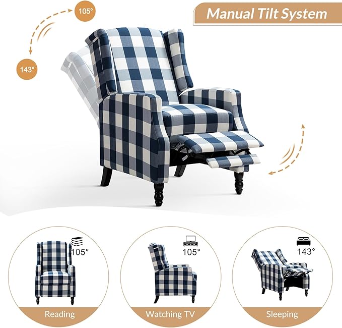 HULALA HOME Wingback Recliner Chairs Set of 2 Traditional Push Back Recliners with Solid Wood Legs Modern Lounge Armchairs for Living Room Comfy Upholstered Accent Reclining Chairs Buffalo Navy