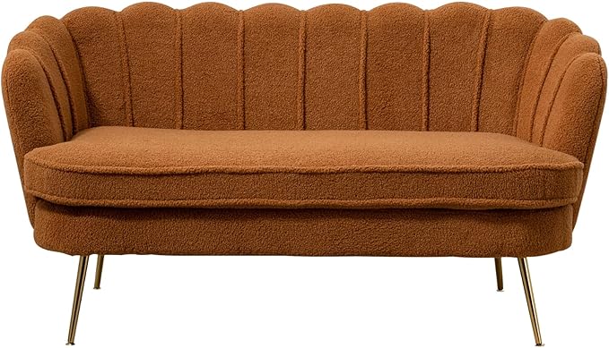 59'' Loveseat Sofa Modern Sherpa Boucle 2-Seater Sofa with Golden Legs Comfy Upholstered Shell Accent Couch for Store Living Room Studio Office (Caramel).