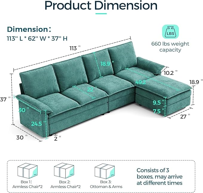LINSY HOME Modular Sectional Couches 115 L Shaped Cloud Sofa with Ottoman Chenille 4-Seat Sofa Set for Living Room Apartment Office Green