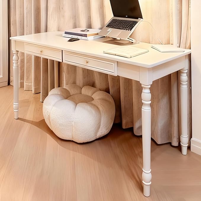 Solid Wood French Country DeskWriting Desk with Storage DrawersFarmhouse Computer Table Makeup Table Modern Simple Stylefor Home Office Living Room Study Workspace Bedroom (White 47.2IN)