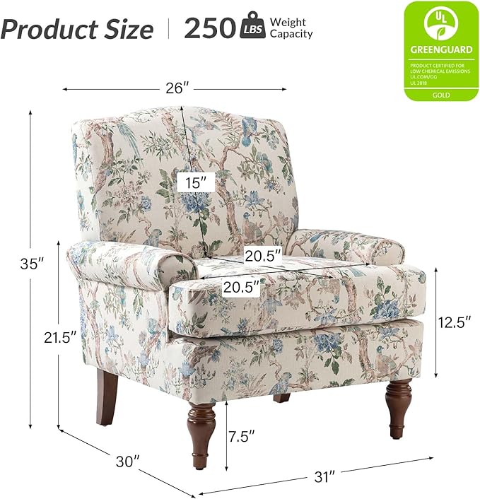 HULALA HOME Accent Chair with Solid Legs &amp Removable Cushion Blue Floral Comfy Upholstered Armchair Leisure Single Sofa Chair for Living Room Bedroom