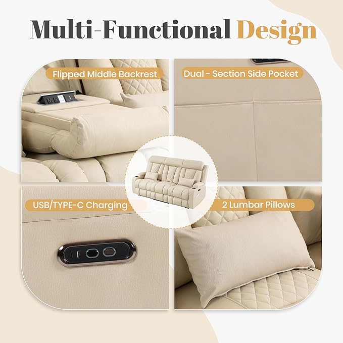 3-Seater Power Recliner Sofa with Adjustable Headrest Zero Wall Hugger Electric Reclining Couch Drop-Down Console with AC Outlets/USB/Type-C 2 Lumbar Pillows &amp Side Pockets