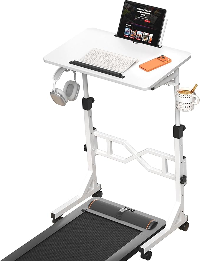 Small Standing Desk with Wheels 29.5-45.3 Inch Adjustable Height Portable Treadmill Desk Rolling Computer Table for Walking Pad with a Cup Holder and a Hook
