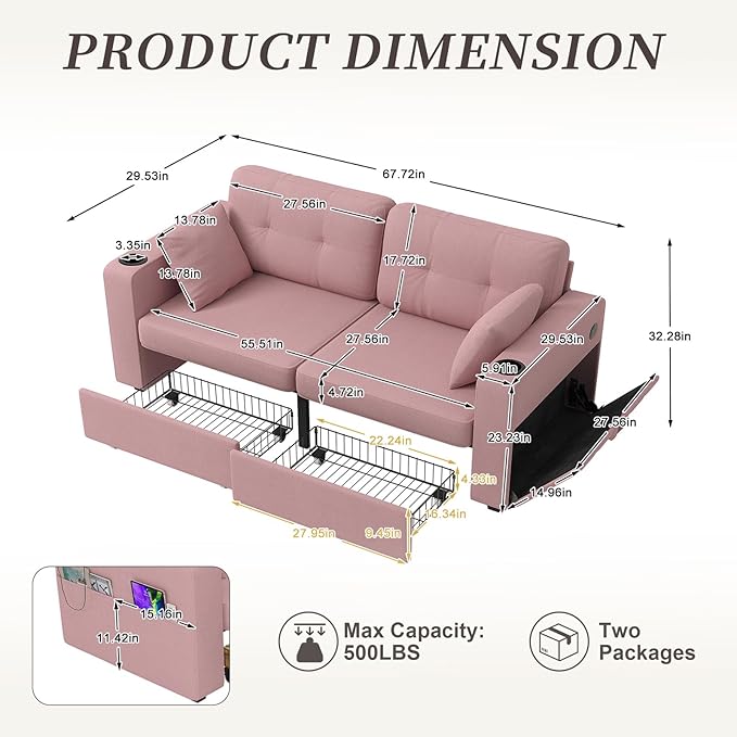 67 Small Loveseat Couch with Storage USB Charging and Cup Holder Space Saving Furniture Modern Chenille Love Seat Sofa Small Couches for Small Spaces Bedroom Apartment Pink
