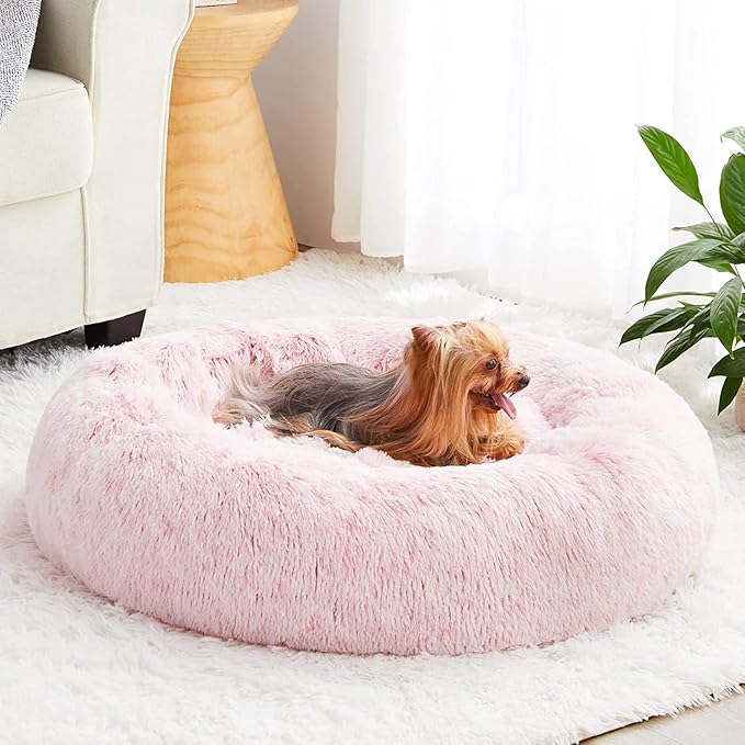 WNPETHOME Calming Dog Bed &amp Cat Bed Donut Faux Fur Self-Warming Donut Cuddler Comfortable Round Plush Pet Beds (27 x 27 x 8 Inch Light Pink)