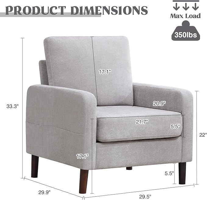 Accent Chair for Living Room Modern Reading Chair for Bedroom Upholstered Armchair with Wood Legs and Side Pockets Single Sofa Side Chair for Office Small Room Apartment Light Grey