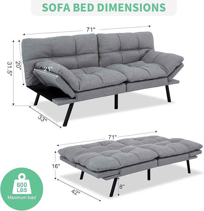 MUUEGM Futon Couch with 71 Adjustable High Density Memory Foam Futon Sofa Bed Modern Design Sofa Bed for Living Room Sleeping and Relaxing(Fabric Light Gray)