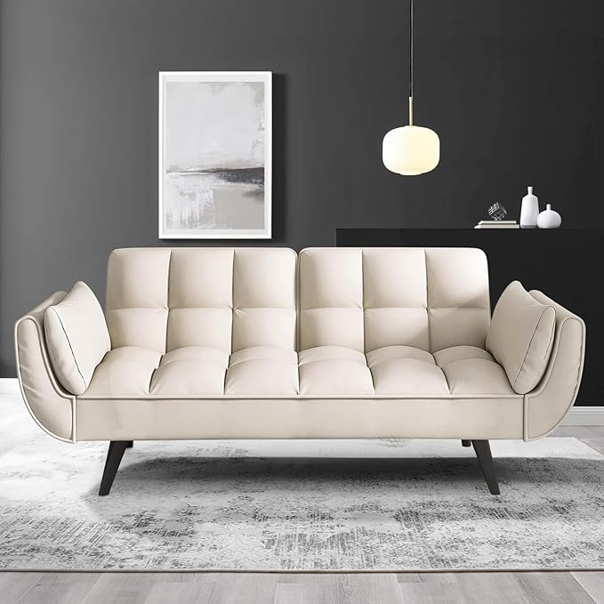 KINFFICT 57 inch Beige Futon Sofa Couch Bed Comfy Velvet Upholstered Loveseat Convertible Sleeper Sofa cama with Adjustable Backrest Mid Century Modern Sofas for Living Room Bedroom Small Space