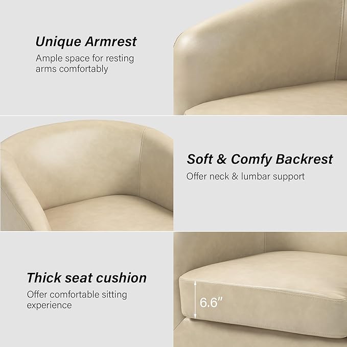 Swivel Barrel Chair Modern Round PU Leather Accent Armchair for Living Room Bedroom Oversized Comfy Club Reading Chairs for Adults (Leather Cream Set of 1)