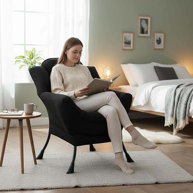 Welnow Lazy Chair for Living Room Modern Reading Accent Chair with Armrests and a Side Pocket Leisure Upholstered Lazy Sofa for Small Space Bedroom Dorm Black