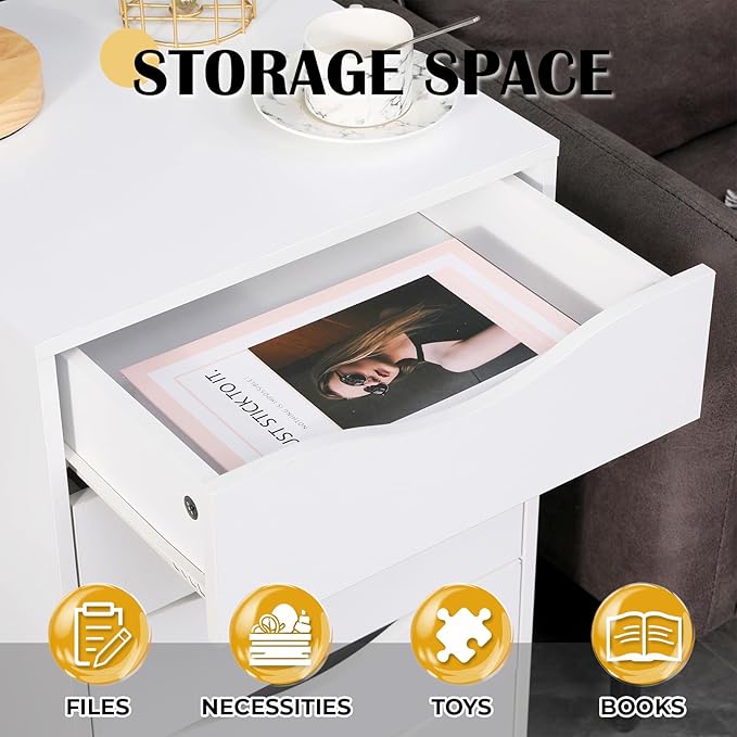 QDSSDECO 5 Drawer Chest Wood File Cabinet Rolling Storage Dresser with Wheels for Home Office White