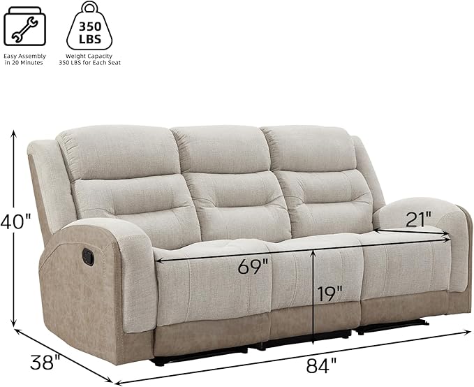 EBELLO 3-Seater Reclining Sofa Extra-Wide Manual Recliner with Padded Arms &amp Cushioned Seat Breathable Fabric and Faux Leather Design for Living Room or Home Theater Beige
