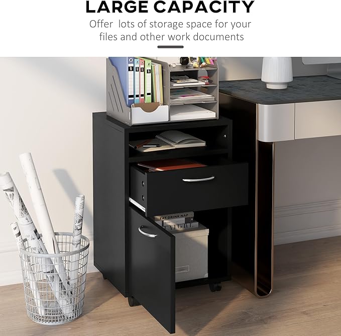 Black Mobile Storage Cabinet with Drawer and Cabinet Open Storage Space Rectangular Portable Filing Cabinet Traditional for Office Study Room