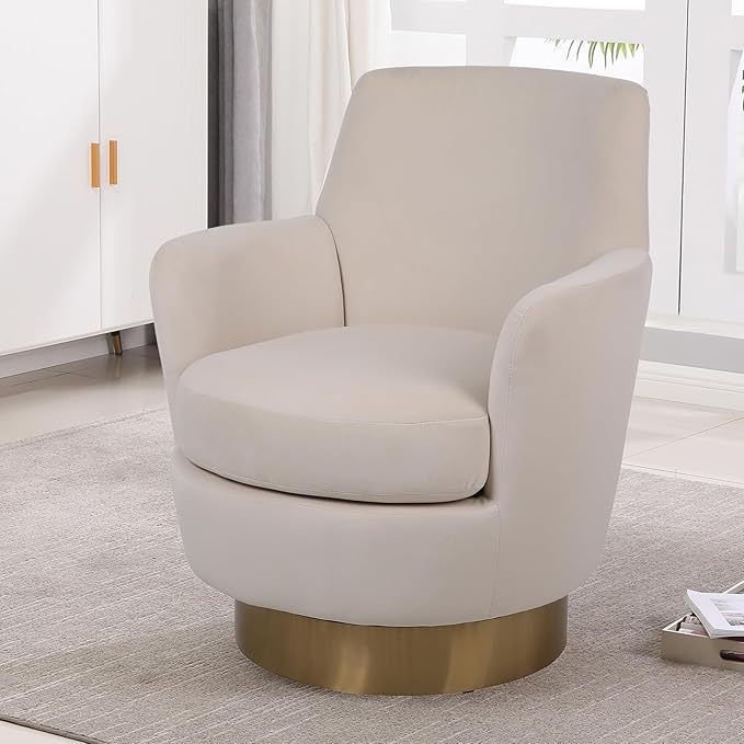 Swivel Accent Chair Modern Velvet American Design Swivel Round Barrel Chairs Upholstered Cozy Style for Living Room Bedroom Home Office (Velvet Beige 1 Pack)