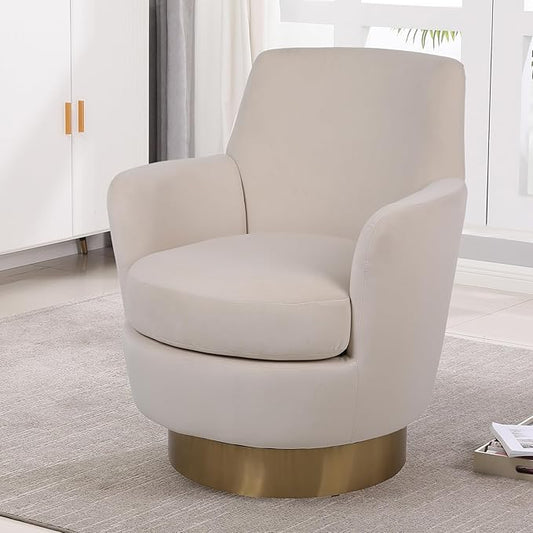 Swivel Accent Chair Modern Velvet American Design Swivel Round Barrel Chairs Upholstered Cozy Style for Living Room Bedroom Home Office (Velvet Beige 1 Pack)
