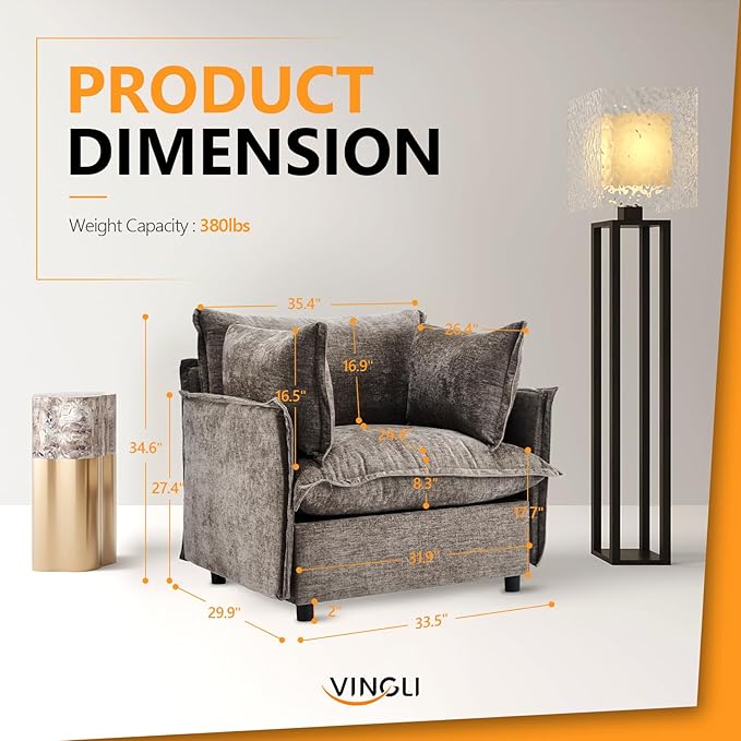 VINGLI Taupe Accent Chair 34 Width Oversized Reading Chair Upholstered Armchair Soft Chenille Fabric Living Room Chairs Sofa for Adults Bedroom Home Office Play Room