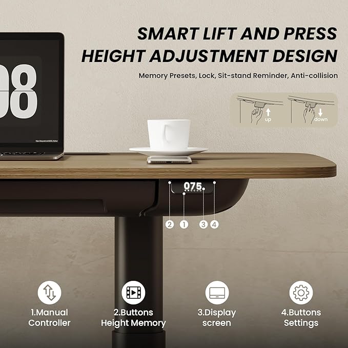 COLAMY Electric Adjustable Standing Desk – 48 x 28 Inch Sit Stand Desk with Drawer &amp Cable Management Dual Motor Lift System Ergonomic Footrest Home Office Table (MFC Desktop Walnut + Black)
