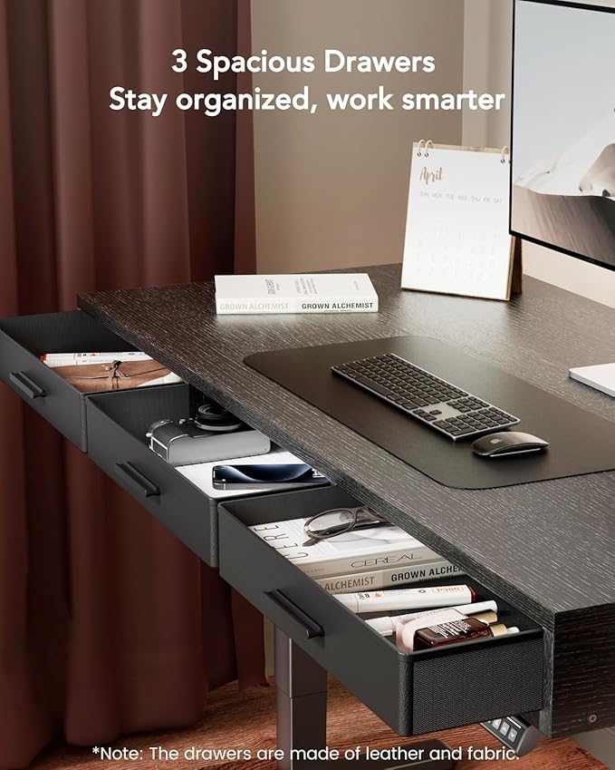 HUANUO Electric Standing Desk with Drawers C-Clamp Mount Compatible 55 x 28 Inch Height Adjustable Sit Stand Desk Fabric Drawers Home Office Stand Up Desk with 4 Custom Height Settings Black