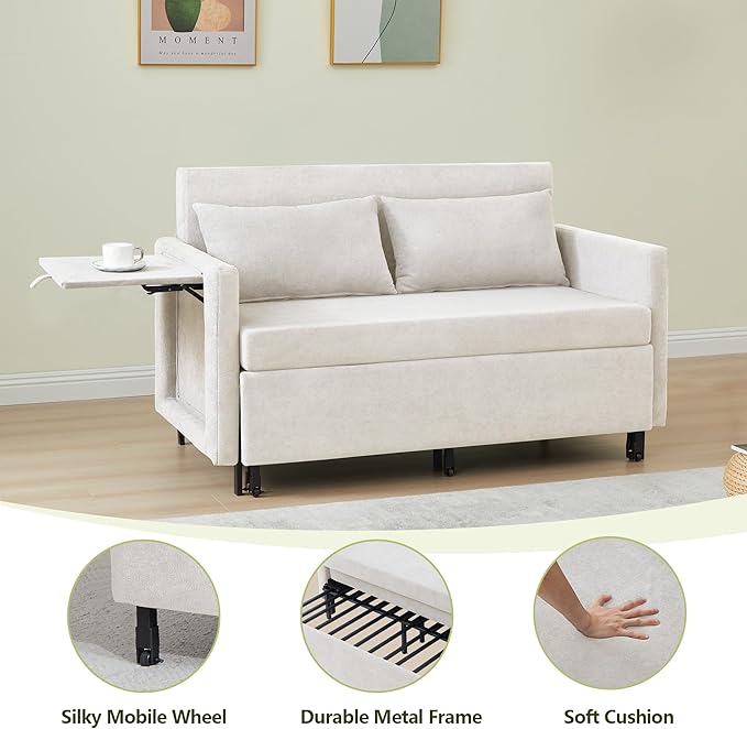 QHITTY Pull Out Couch Bed 2-in-1 Sleeper Sofa Small Loveseat Bed with Hidden Side Table and Iron Frame for Living Room Small Space Apartment (White)