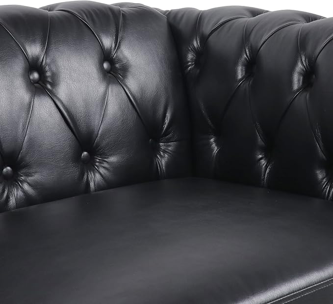 RARZOE Modern 2 Pieces Living Room Sofa Set Contemporary Tufted Button Faux Leather Three-Seater Couch and Chesterfield Loveseat with Nailhead Trim Scroll Arms for Home Furniture (Black)