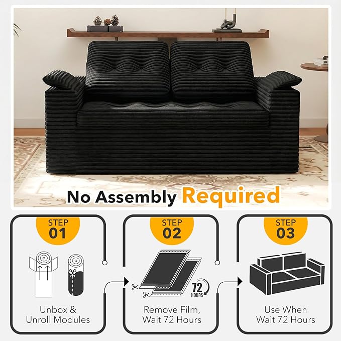 Boneless Loveseat Sofa 60in Cloud Couch Sofa for Living Room 2 Seater Modern Lounge Sleeper Couch with Removable Cover Corduroy with Armrest Seat Cushion &amp Pillows for Small Spaces Black