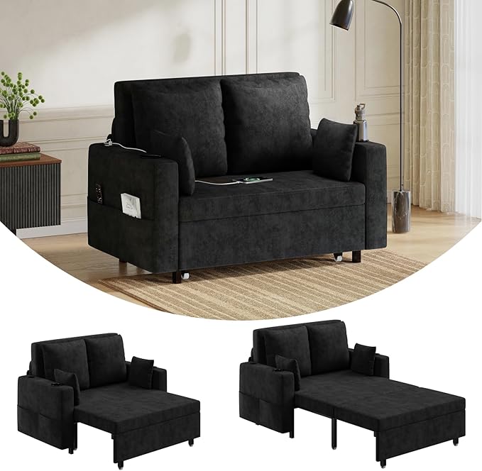 Garvee 3 in 1 Pull Out Couch 56 Inch Convertible Sleeper Sofa Bed Loveseat Sofa Couch with Cup Holders USB &amp Side Pocket Modern Loveseat for Living Room Bedroom Includes Toss Pillows Black