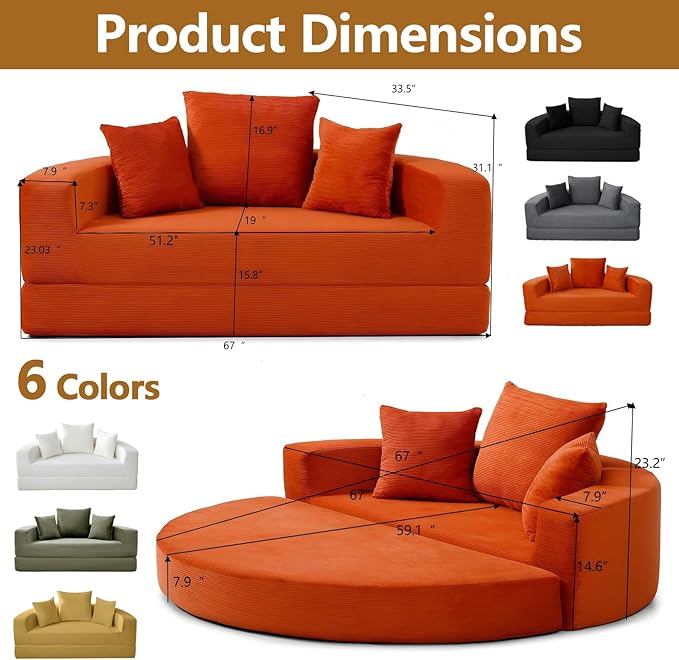 67'' Circular Convertible Compressed Sofa Bed Orange Corduroy Floor Lounge Round Boneless Couch Loveseat Sleeper Sofa Couch with 3 Cushions No Assembly for Apartment Bedroom (Orange 67)