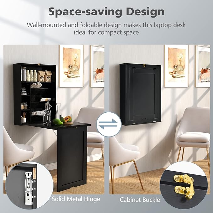 Wall Mounted Desk Fold Out Convertible Desk with Storage Shelves Space Saving Wall Folding Table Home Office Floating Desks for Small Spaces (Black)