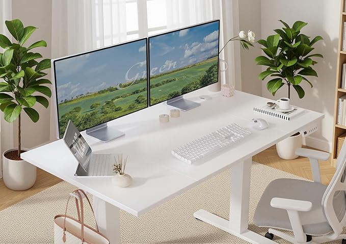 Seang Electric Height Adjustable Standing Desk 40 x 24 Inch Sit-Stand Workstation with T-Style Frame 3 Memory Height Options &amp Built-in Cable Management for Home Office White Frame/White Top