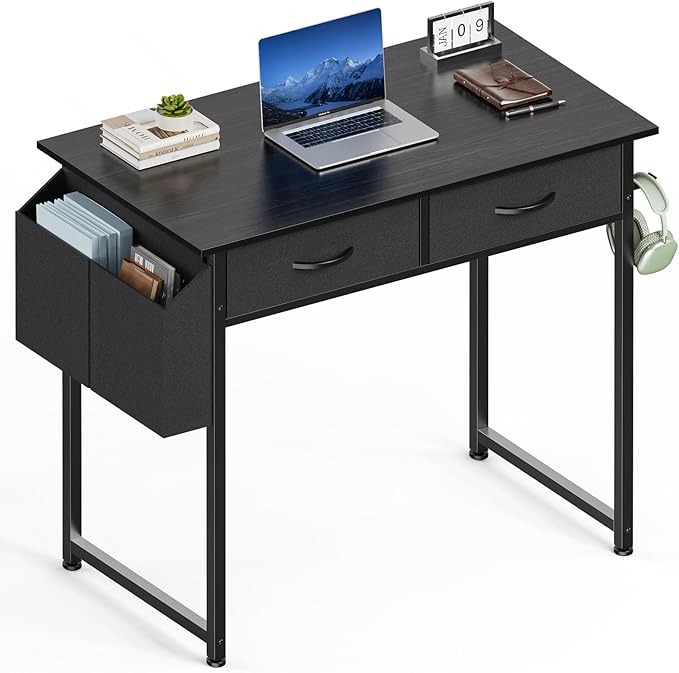 Sweetcrispy Small Desk with Fabric Drawers for Bedroom Home Office 32 Inch Computer Gaming Desk Writing Study PC Table with Side Bag Headphone Hook Metal Frame Adjustable FeetPure Black