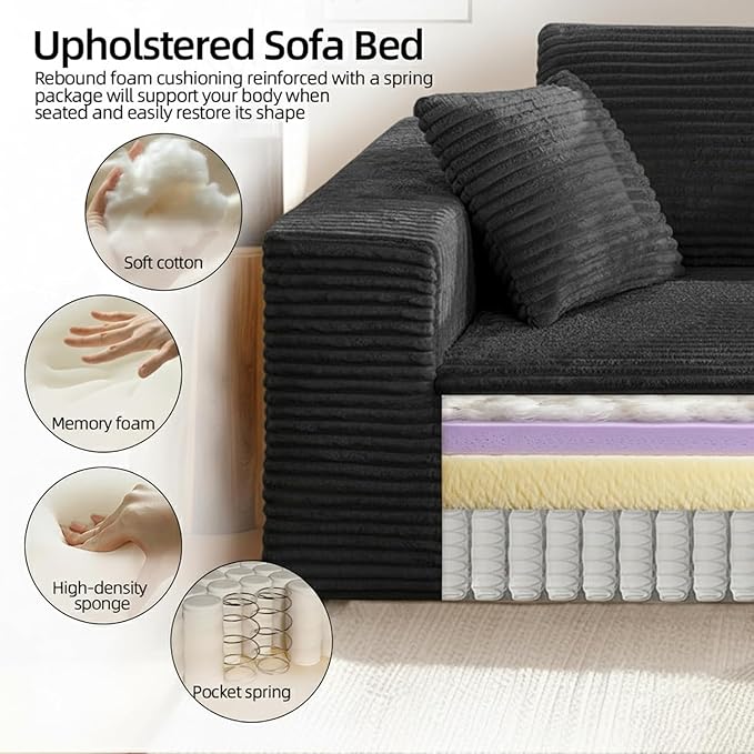 71 Cloud Boneless Loveseat Sofa Couch Bean Bag 3-Seater Couch with Memory Foam Corduroy Comfy Floor Sofa Deep Seat for Living Room Bedroom Apartment No Assembly (Black)