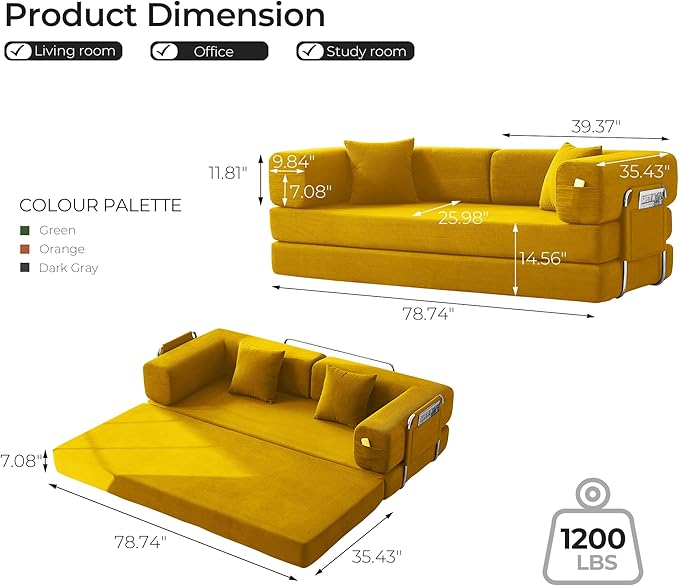 79 Convertible Sofa Bed with Pillows Corduroy Folding Sleeper Sofa with Fixed-Shape Frame Boneless Couch for Living Room Bedroom Floor Sofa Lounge No Assembly Required (A Style-Yellow)