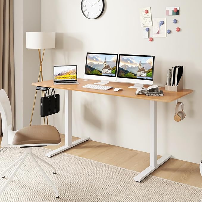 Giantex 63 x 24 Electric Standing Desk with Adjustable Height Stand up Computer Workstation with Cable Hole Hook Modern Gaming Table Ergonomic Sit Stand Desks for Home Office (Natural)