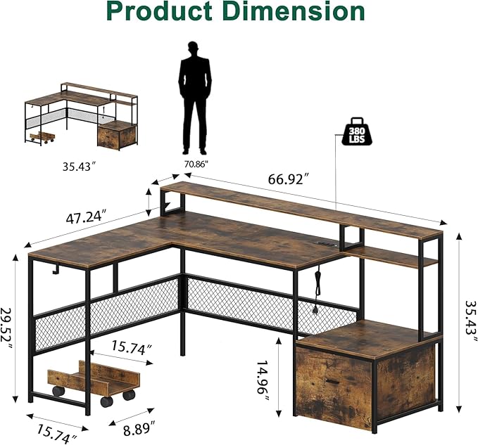 L Shaped Desk with Drawers 66 Home Office Desk with Power Outlet and Led Strip Reversible Computer Desk with Storage Shelves &amp Monitor Stand Large Corner Desk Gaming Desk Rustic Brown