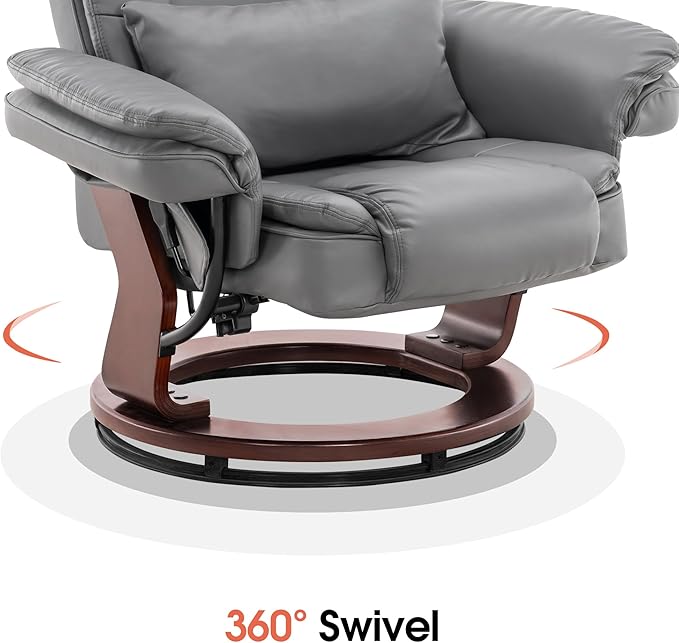MCombo Swivel Recliner with Ottoman Chair TV Chair Sets with Vibration Massage for Small Space Living Room Bedroom 9096 9099 (Faux Leather Grey)