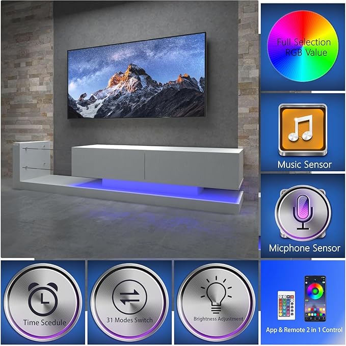 LED TV Stand for 55 65 75 Inch TV Entertainment Center Equipped with Two Pull-Down Door Storage 50 60 70 Inch TV Console with Tempered Glass and Power Cord for Living Room White